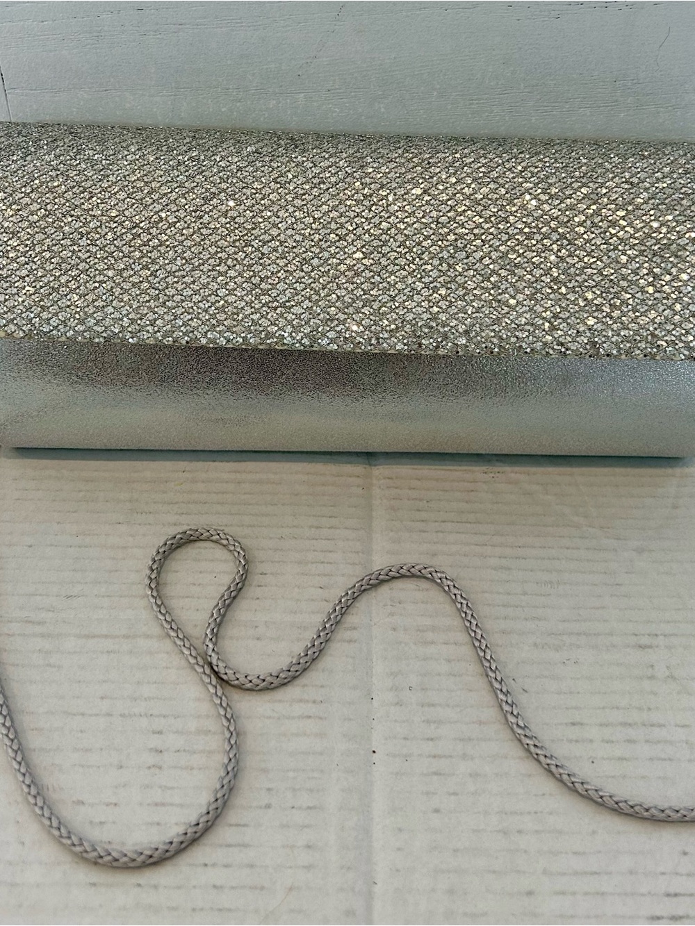 Kate Landry Glittering Silver Evening Clutch with Braided Chain